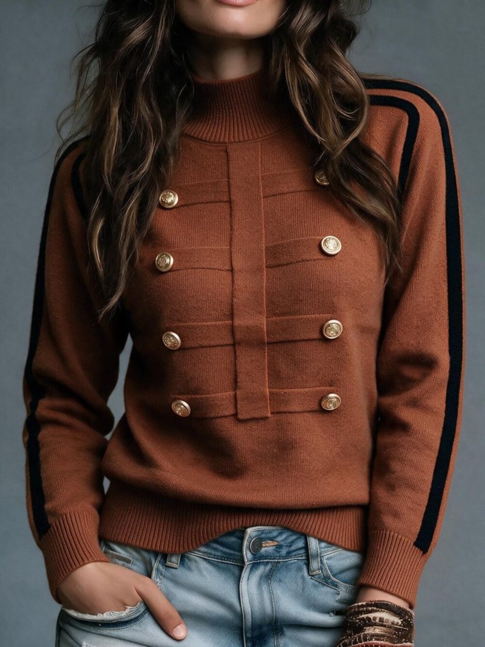 Brown Casual Women's Double-Breasted Rib-Knit Stand Collar Pullovers